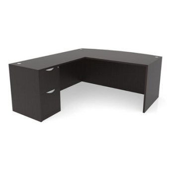 L-Shaped dark brown desk with drawers on left